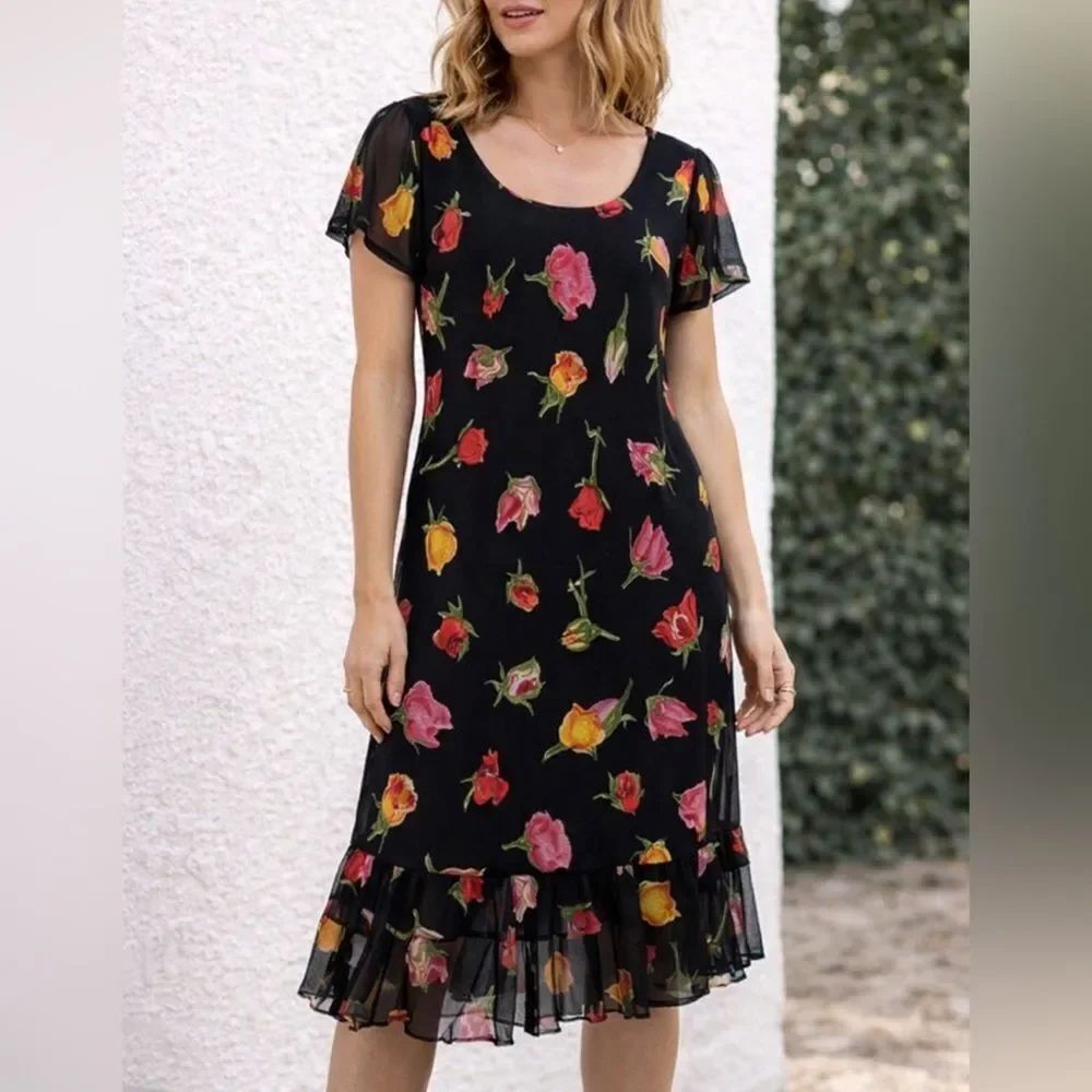 Nostalgia Vintage Rose Print Black Midi Dress Sheer Flutter Sleeve Ruffle Hem M